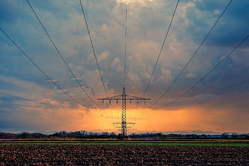 západ slunce, mraky, elektrických vedení, elektřina pylon, trakční vedení, krajina, Příroda, Německo, bavaria, zimní, pole