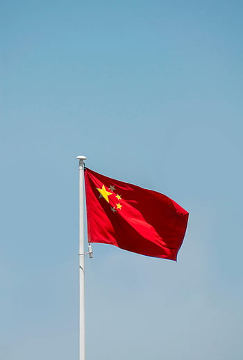 Flag of China, Chinese flag, flagpole, bright blue sky, Beijing, minimalist photo, waving flag, red flag, yellow stars, national flag, China