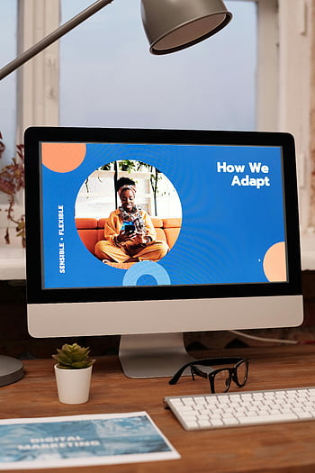 kreatywna aranżacja biura, komputer stacjonarny, żywy design, ekran komputera, biurko, Marketing cyfrowy, projekt graficzny, obszar roboczy, monitor komputerowy, środowisko biurowe, Praca z domu