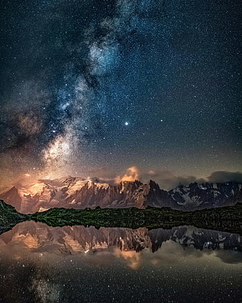 Alpy, hvězdnou noční oblohu, Mont Blanc, mléčná dráha, klidné jezero, horské odraz, noční krajina, pohled, hvězdné fotografie, noční obloha, horské jezero
