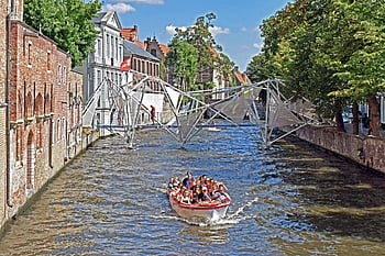 kanál, loď, řeka, chodník, architektura, brugge, Belgie, budov, město, staré Město, cestovní ruch