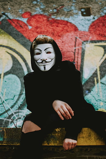 maska ​​fawkes chlap, graffiti zeď, osoba představující, zářivé barvy, městského umění, pouliční umění, postava s kapucí, anonymní maska, V jako vendeta, Protestní symbol, pouliční kultura