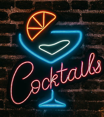 Cocktails de neon sinal, néon vibrante, parede de tijolos, noite, Istambul, Peru, sinalização de texto iluminada, sinal de neon, cocktails, brilhando, luz neon