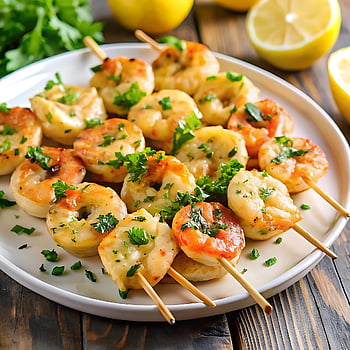 ai Generated, garlic Butter Shrimp, shrimp Skewers, seafood Appetizer, garlic Shrimp, skewers, food, seafood, grilled Seafood, shrimp Meal, gourmet