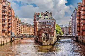 Hamburg, Příroda, budov, řeka, architektura, domy, speicherstadt, západ slunce, panoráma města, nábřeží, kanál