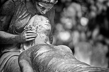 černobílé fotografie, socha, Černý a bílý, Sochařství hřbitova, hluboké emoce, duchovno, hřbitov, kamenná socha, Emoční socha, duchovní umění, černá a bílá socha