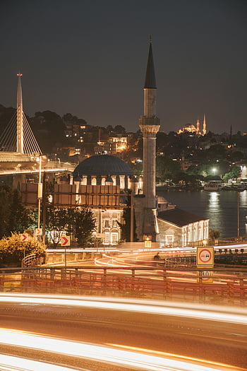mešita ortaköy, Istanbul, noční výhled, Bospor, časosběrné fotografie, lehké pruhy, mešita, panoráma města, městské scény, krocan, architektura