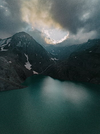 letecký pohled, horské jezero, Alpy, bouřlivé mraky, drsné vrcholy, klidná krajina, krásu přírody, scenérie s vysokou výškou, Alpské prostředí, klidné vody, dramatická obloha