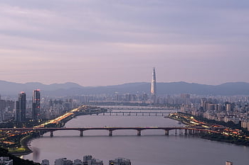 Soul, město, krajina, architektura, Korea, svítání, Příroda, Pohled, lote věž, Han řeka