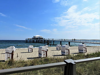 beach, cabins, pier, coast, sand, seashore, ocean, sea, baltic Sea, blue Sky, tourism