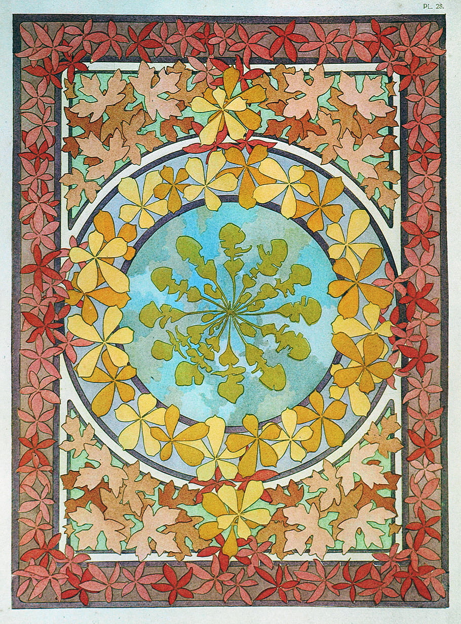 Alphonse Mucha, secese, vysoké rozlišení, Dokumenty dekorativy, 1902, květinovým vzorem, kruhový vzor, dekorativní umění, Vintage ilustrace, podzimní listí, červené květy
