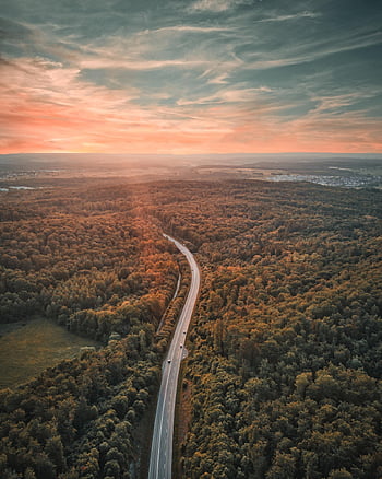 nebe, silnice, trubec, Příroda, tapety telefonu, cesta, krajina, fotbalová branka, mraky, horizont, pohled z ptačí perspektivy