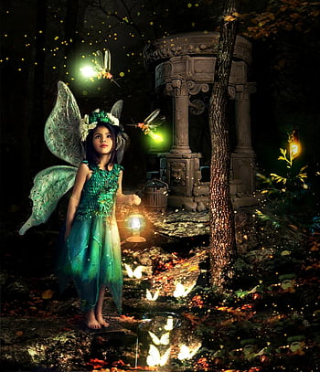 fairy, girl, little Girl, fairy Wings, lights, illuminated, mystical, fantasy, nature, surreal, magic