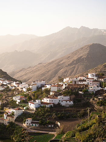 aerial view, houses in valley, Gran Canaria, Canary Islands, Spain, Tejeda village, mountainous backdrop, white houses, rural landscape, scenic view, Spanish village