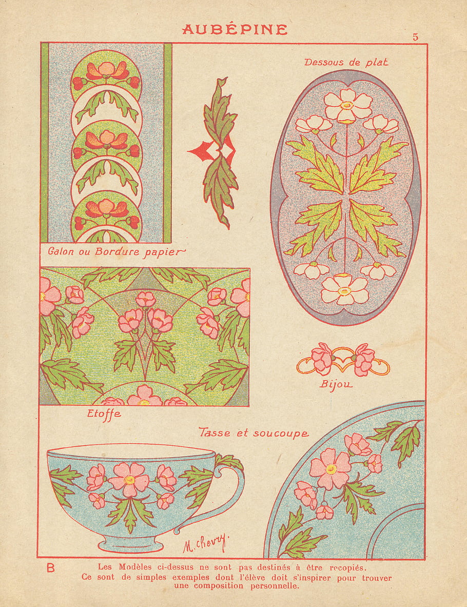 Aubépine, floral design, plate decoration, paper border, fabric pattern, cup and saucer, bijou, art nouveau, vintage illustration, French art, decorative elements