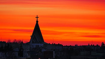sunrise, buildings, town, skyline, church, sky, clouds, dawn, morning