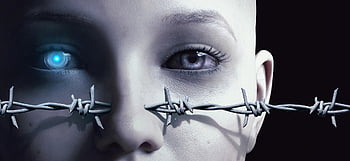 artificial Intelligence, portrait, eyes, futuristic, surreal, android, female, head, view, barbed Wire, mechanically