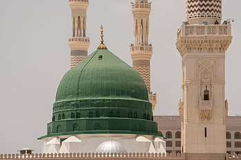 Minarett, grüne Kuppel, Al-Masjid an-Nabawi, Medina, Saudi Arabien, islamische Architektur, Religiöse Stätte, Moschee, Kuppel, Minarette, Wahrzeichen