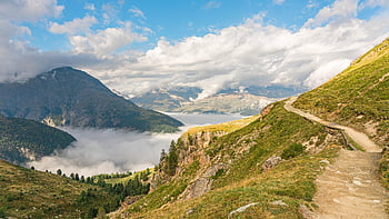 montagne, pista, nuvole, alpino, nebbia mattutina, cielo, escursioni a piedi, panorama alpino, natura, paesaggio, paesaggio di montagna