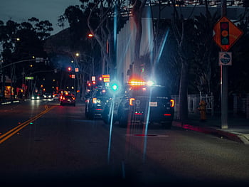 carros de polícia, estacionado, lado da estrada, tarde, iluminado, rua da cidade, noite, cena urbana dramática, luzes de trânsito, Sinais de transito, arvores
