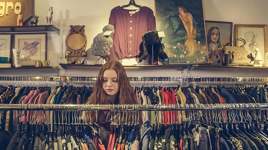 woman, clothes, vintage shop, eclectic decor, clothing racks, cozy shop, exploring clothes, vintage clothing, shop interior, woman shopping, vintage fashion