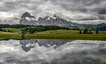 Dolomites, Selva di Val Gardena, tranquil lake, mountain reflection, cloudy day, Gray Rock Mountain, water reflection, natural landscape, Italian Alps, scenic view, peaceful scenery