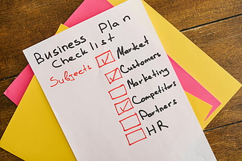 business plan, checklist, handwritten, startup, colorful papers, market, customers, marketing, competitors, partners, HR