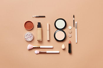 makeup, make-up štětce, oranžové pozadí, flatlay, broskvové pozadí, kosmetických výrobků, Položky krásy, make-up nástroje, Beauty Flatlay, uspořádání make -upu, Nastavení krásy