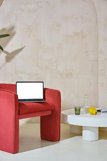 bærbar, rød stol, Moderne arbejdsområde, kopiere plads, moderne interiør, hvidt bord, minimalistisk design, indendørs indstilling, ren baggrund, kontor opsætning, arbejdsområdeindretning