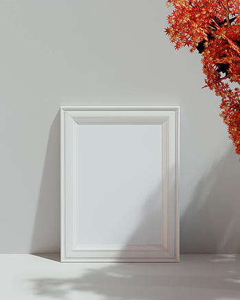 moldura de madeira branca, mesa branca, folhas de bordo de outono, folhas vibrantes, design minimalista, sombras, fundo branco, configuração interna, quadro decorativo, decoração sazonal, estética moderna