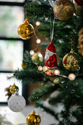 vánoční strom, zdobené vánoční strom, cetky, soška santa claus, Ozdoby v Santu, Zlaté ozdoby, Vnitřní vánoční stromeček, vánoční dekorace, slavnostní dekorace, Dovolená dekor, vánoční ozdoby