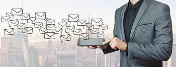 Contactez nous, bannière, email, affaires, message, homme d'affaire, l'horizon, tablette, costume, enveloppes