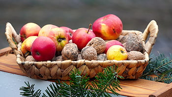 apple, nuts, basket, advent, christmas, produce, food, edible, fruits, organic, closeup
