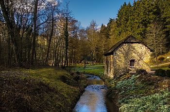 house, forest, stream, trees, creek, woods, woodlands, architecture, exterior, facade, masonry