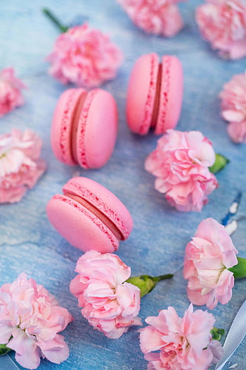 roze bitterkoekjes, anjer bloemen, levendig dessert, roze anjers, dessertcompositie, roze macarons, tafel opstelling, bloemen dessert, zoete lekkernijen, roze bloemen, Macarons en bloemen