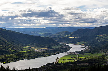 norway, river, nature, landscape, trees, clouds, scandinavia, sky, fjord