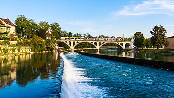 rivière, des chutes, train, chemin de fer, Système de chemin de fer, immeubles, architecture, architecture européenne, reflets, en miroir, image miroir