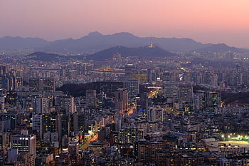 město, Soul, západ slunce, krajina, soumrak, Příroda, Han řeka, yeouido, večer, noc, Jižní Korea