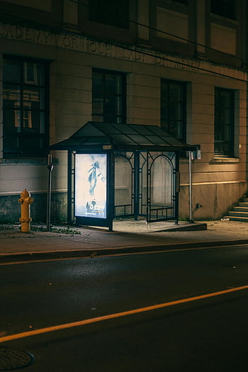 fermata dell'autobus, marciapiede della città, luci stradali, solitudine urbana, scena notturna, struttura in metallo nero, porta di vetro, illuminato, vuoto, Ambiente urbano, fotografia di strada
