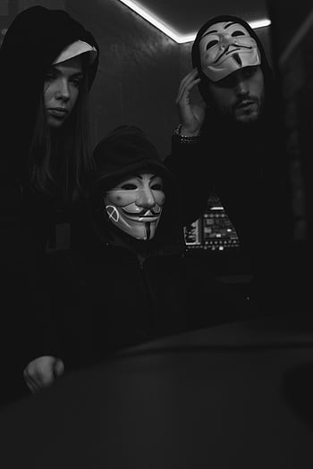 hackování, Masky Guy Fawkes, Hrozby kybernetické bezpečnosti, počítačový systém, Vnitřní nastavení, Skupina hackerů, Černý a bílý, technologie, bezpečnostní, ohrožení, anonymita
