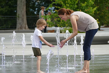 woman, boy, fountain, park, mother, son, child, nature, happy Mothers Day, game, water