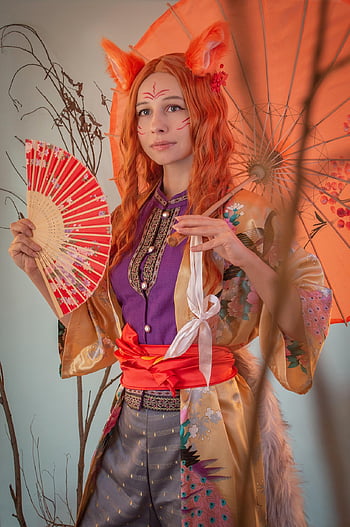 きつね、 コスプレ、 女性、 キツネ、 赤毛、 女の子、 ファン、 傘、 コスプレイヤー、 アニメ、 冬