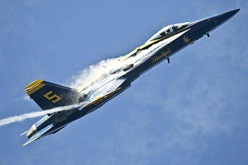 Blue Angels, jet plane, elevating, blue and yellow, aircraft, air show, military plane, flight, aviation, sky, performance