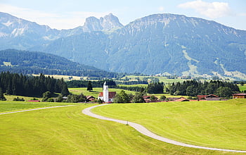 hory, pohoří, Alpy, Příroda, krajina, les, letní, horizontální, Německo, louka, kostel