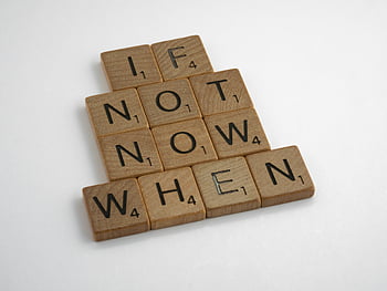 fa scrabble csempe, közeli fotó, inspirációs idézet, Ha nem most, mikor, fehér háttér, fa levelek, Scrabble játék, motivációs üzenet, fa csempe, megrántja a leveleket, inspiráló idézet