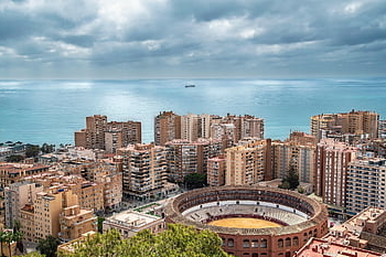Stadt, Gebäude, Meer, Stierkampfarena, Natur, Malaga, Spanien, Küste, Landschaft, Horizont, Himmel