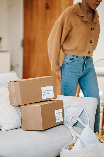 biznes domowy, kobieta przygotowująca przesyłkę, pudła kartonowe, logistyka wewnętrzna, opakowania i torby, sofa, właściciel małej firmy, przygotowanie dostawy, domowe biuro, e-commerce, etykiety wysyłkowe