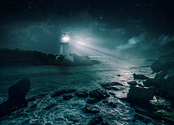 lighthouse, night, stars, clouds, nature, glow, rays, sea, coast, rocks, atmospheric