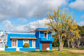 blue, house, tree, sky, home, town, city, village