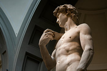 Michelangelo's Statue of David, low angle shot, Florence museum, intricate details, man sculpture, classical art, Renaissance sculpture, marble statue, David statue, art museum, Florence Italy